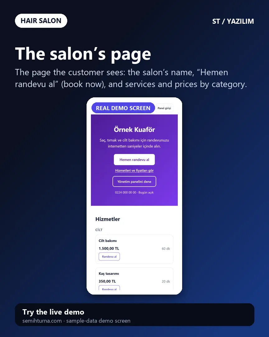 Hair Salon Booking and Business Tracking, The salon’s page