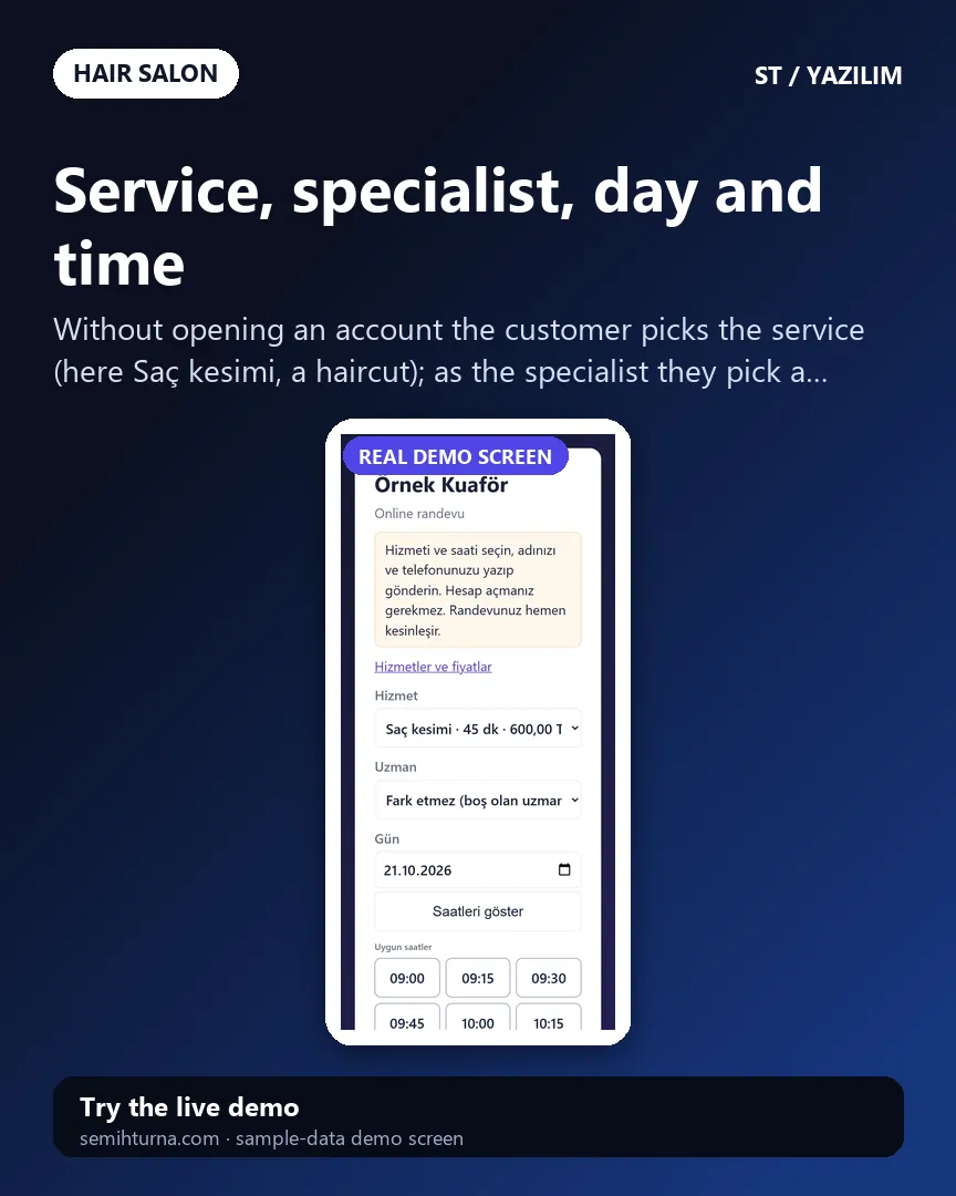Hair Salon Booking and Business Tracking, Service, specialist, day and time