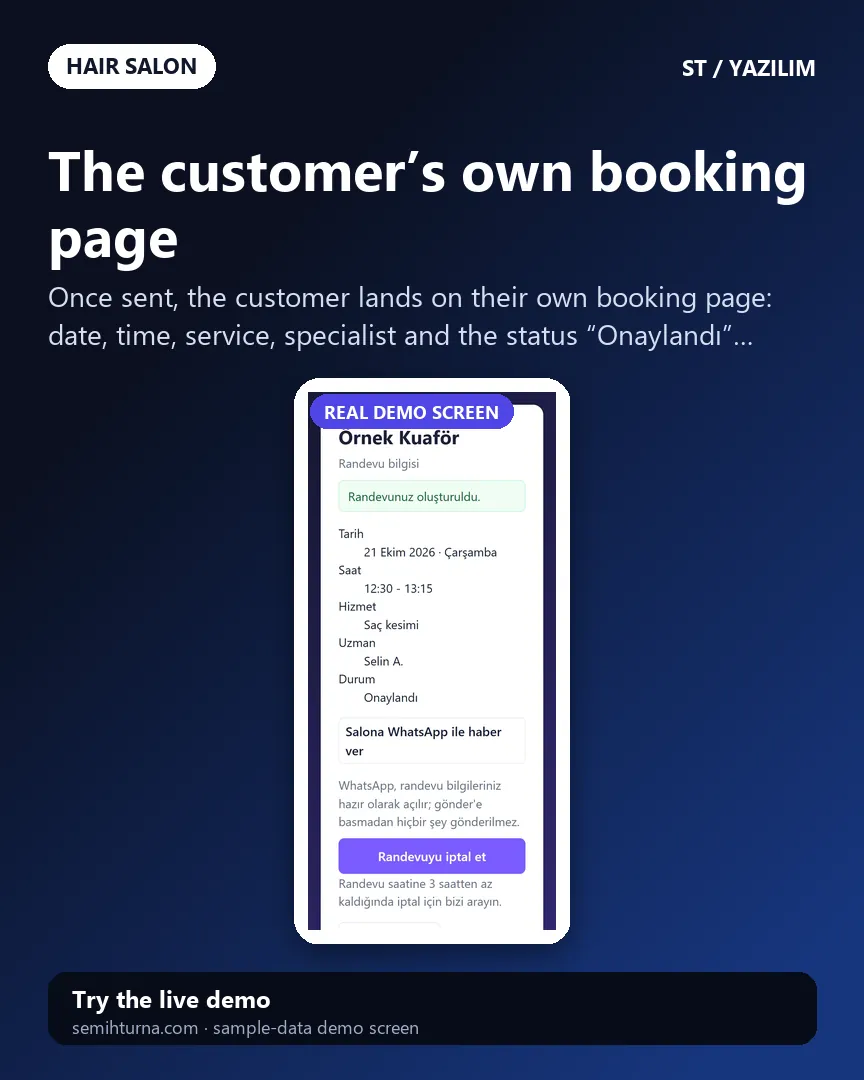 Hair Salon Booking and Business Tracking, The customer’s own booking page