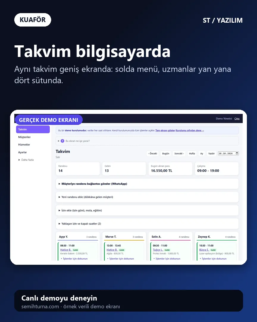 Kuaför Randevu ve İşletme Takibi, Takvim bilgisayarda