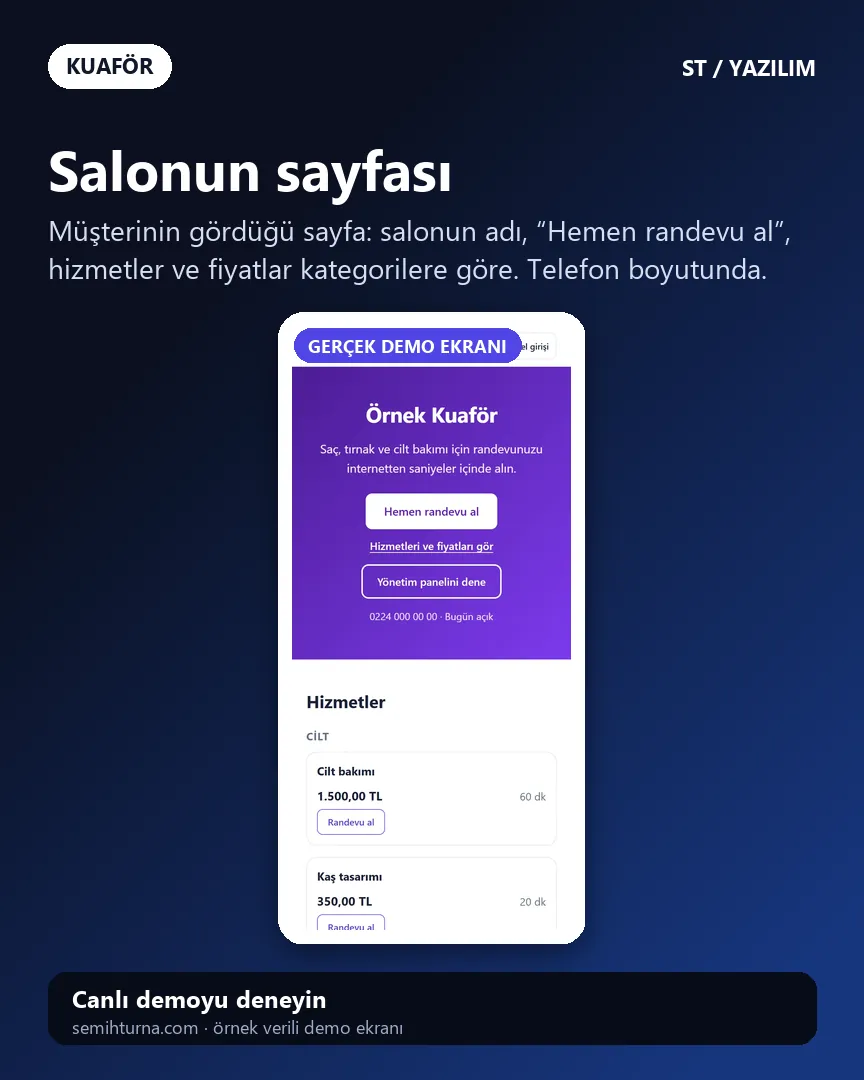 Kuaför Randevu ve İşletme Takibi, Salonun sayfası