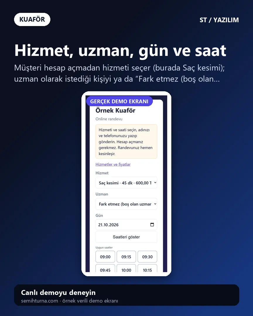 Kuaför Randevu ve İşletme Takibi, Hizmet, uzman, gün ve saat