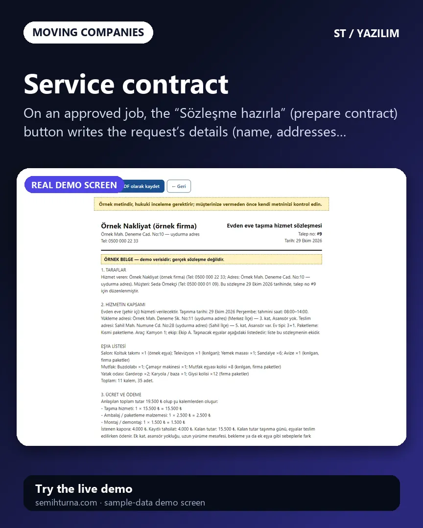 Home Moving Job Tracking, Service contract