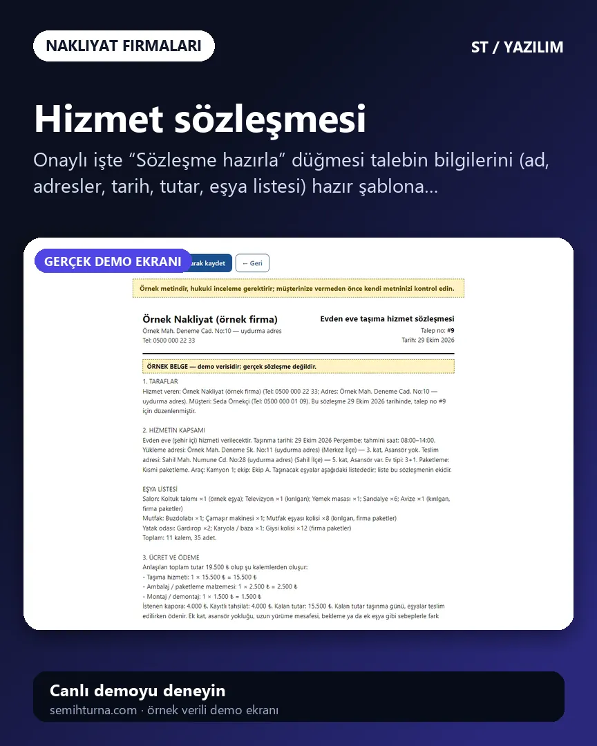 Evden Eve Nakliyat İş Takibi, Hizmet sözleşmesi