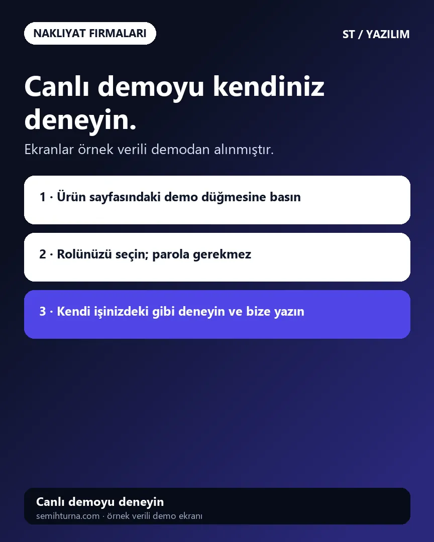 Evden Eve Nakliyat İş Takibi, Canlı demoyu kendiniz deneyin.
