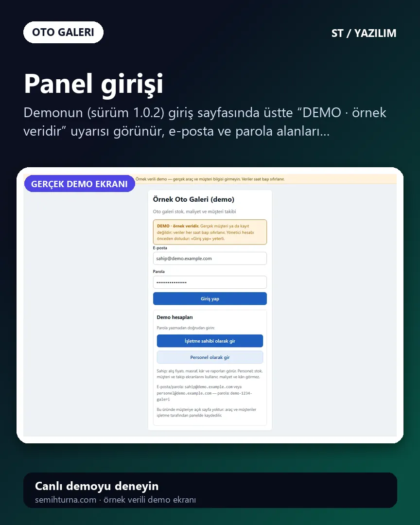 Oto Galeri Stok ve Kârlılık Takibi, Panel girişi
