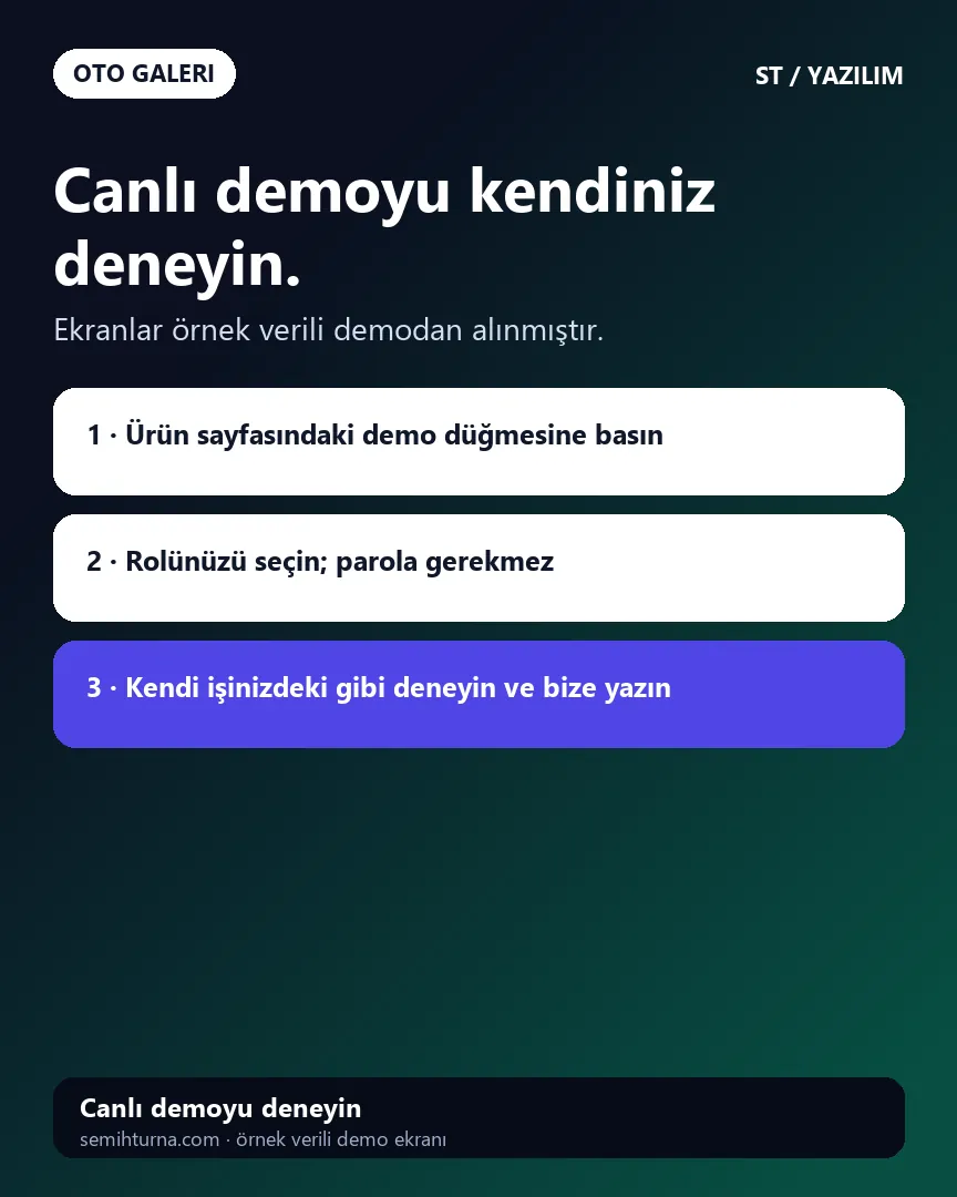 Oto Galeri Stok ve Kârlılık Takibi, Canlı demoyu kendiniz deneyin.