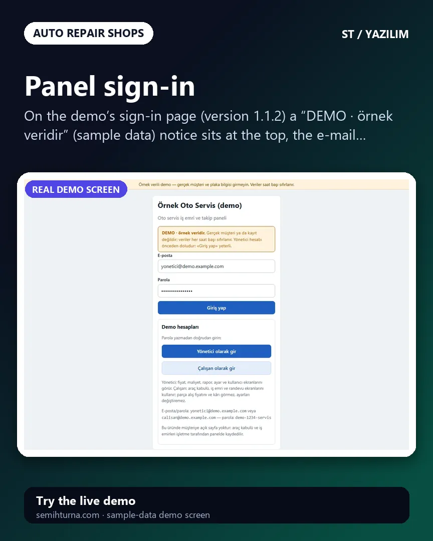 Auto Repair Work Order and Tracking, Panel sign-in
