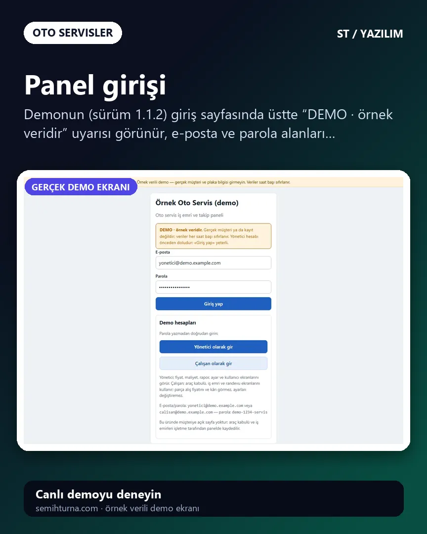 Oto Servis İş Emri ve Takip, Panel girişi