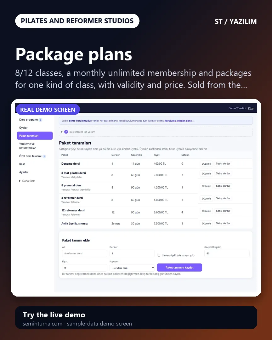 Pilates and Reformer Studio Management, Package plans