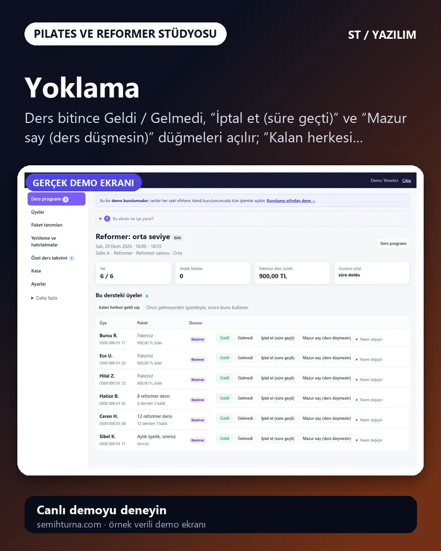 Pilates ve Reformer Stüdyosu Yönetimi, Yoklama