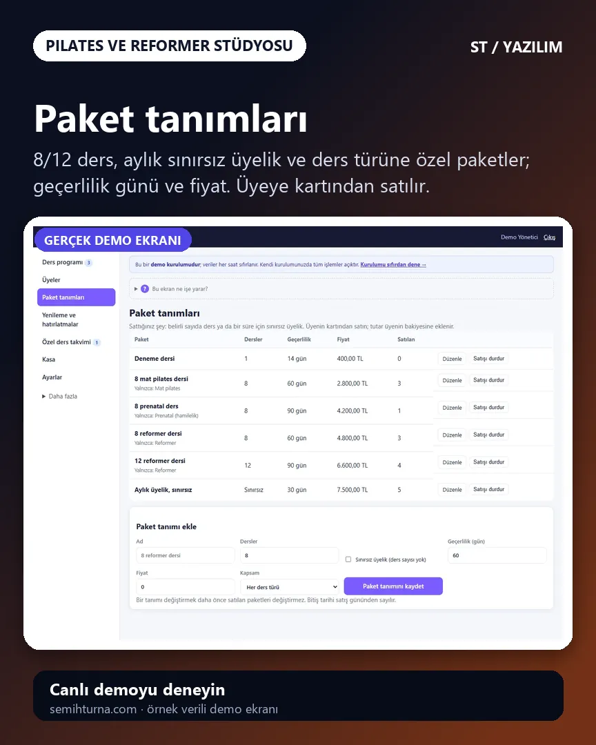 Pilates ve Reformer Stüdyosu Yönetimi, Paket tanımları