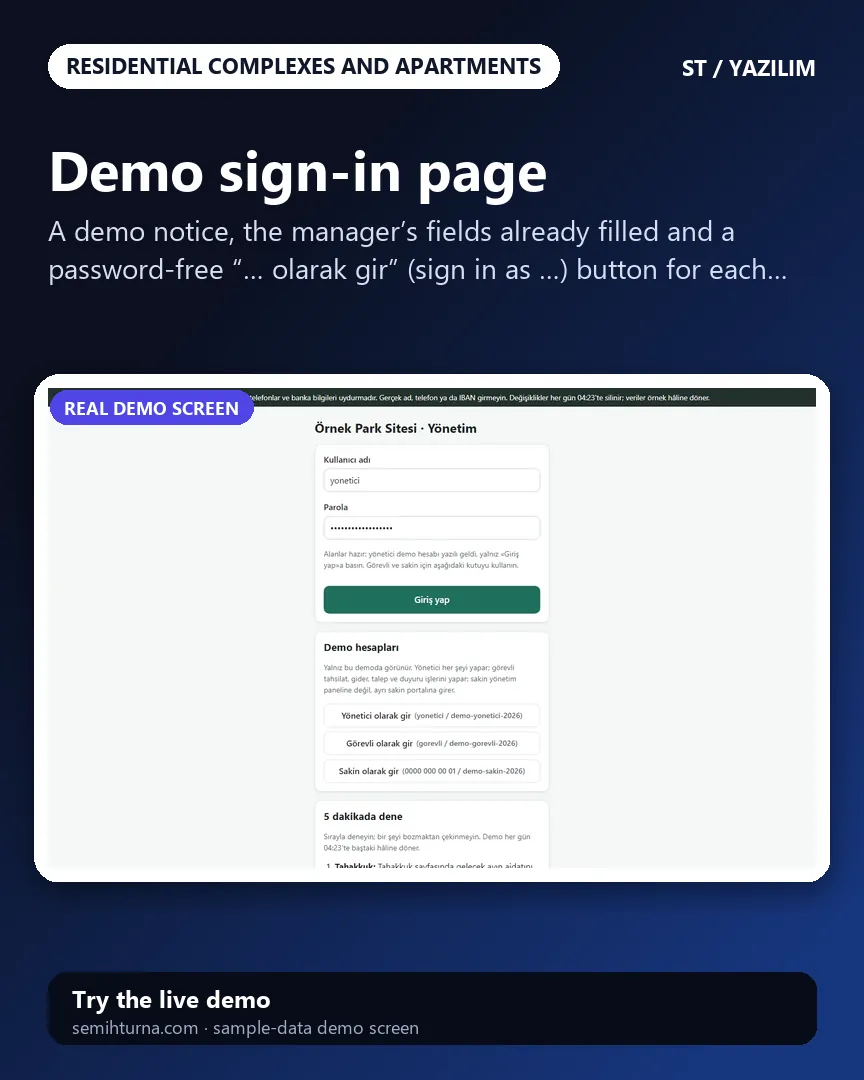 Residential Dues Management, Demo sign-in page