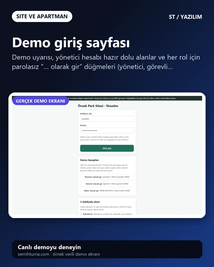 Site ve Apartman Aidat Takibi, Demo giriş sayfası