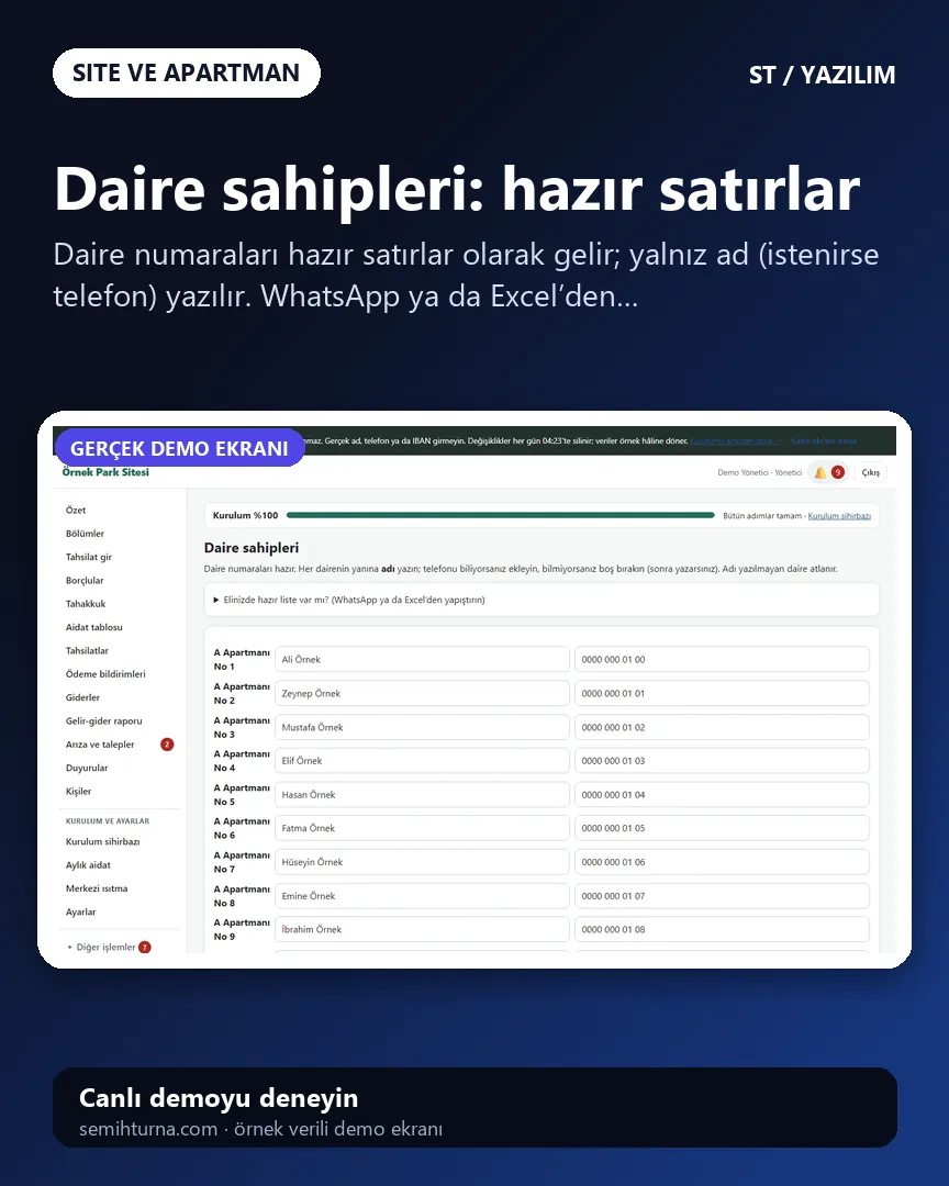 Site ve Apartman Aidat Takibi, Daire sahipleri: hazır satırlar