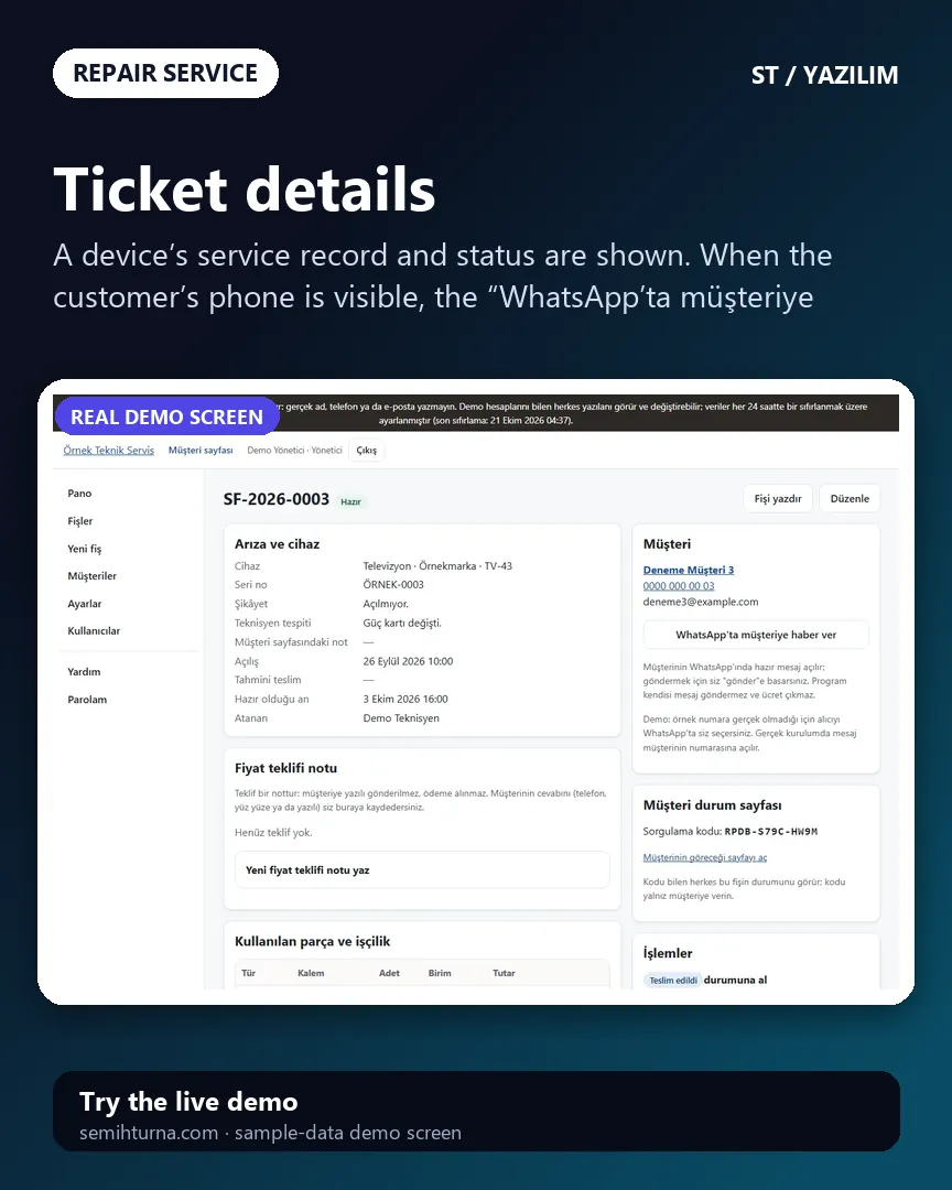 Repair Service and Ticket Tracker, Ticket details