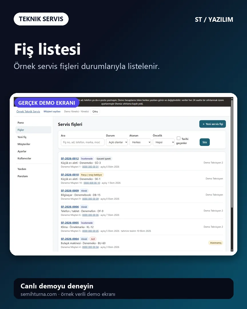 Teknik Servis ve Arıza Takibi, Fiş listesi