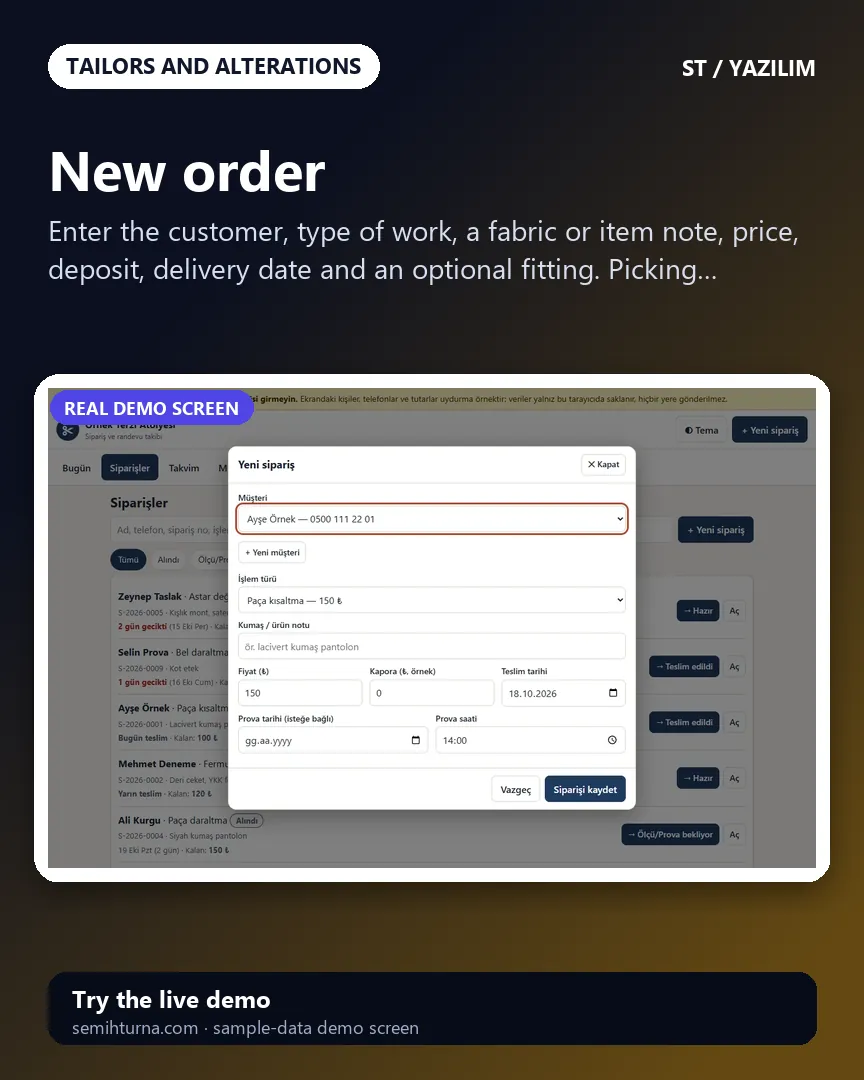 Tailor and Alterations Order and Appointment Tracker, New order