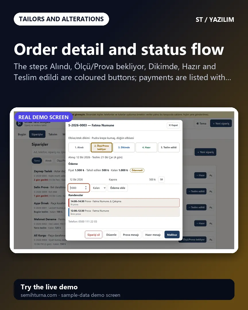 Tailor and Alterations Order and Appointment Tracker, Order detail and status flow