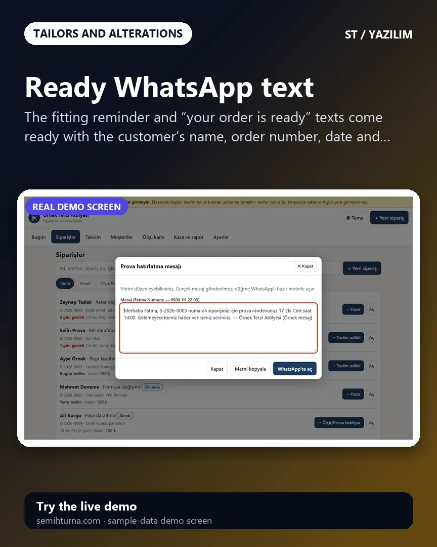 Tailor and Alterations Order and Appointment Tracker, Ready WhatsApp text