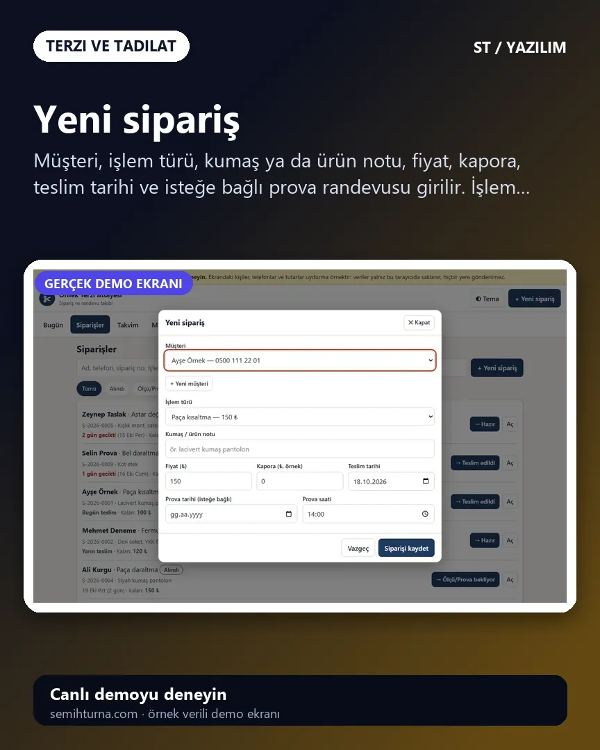 Terzi ve Tadilat Sipariş ve Randevu Takibi, Yeni sipariş