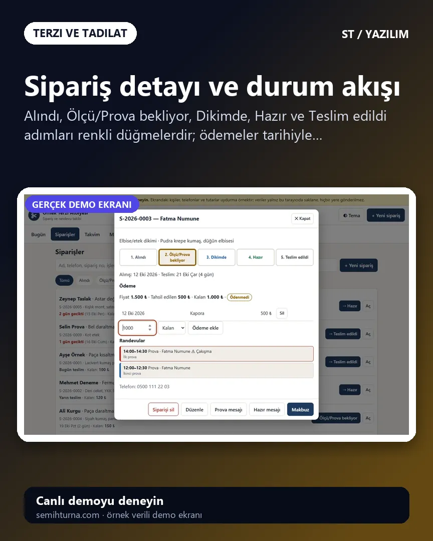 Terzi ve Tadilat Sipariş ve Randevu Takibi, Sipariş detayı ve durum akışı