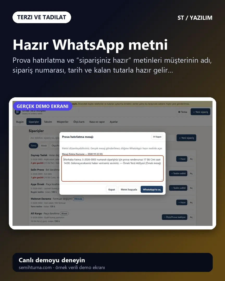 Terzi ve Tadilat Sipariş ve Randevu Takibi, Hazır WhatsApp metni