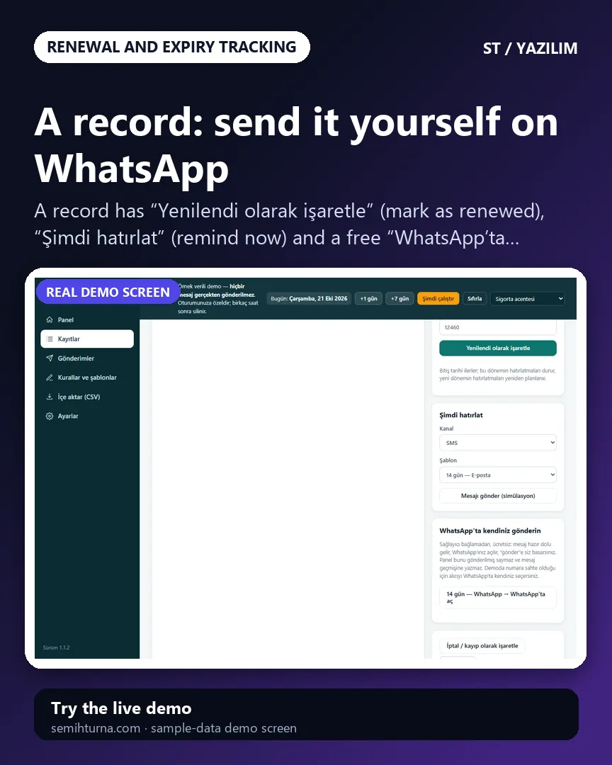 Renewal and Expiry Reminder Automation, A record: send it yourself on WhatsApp