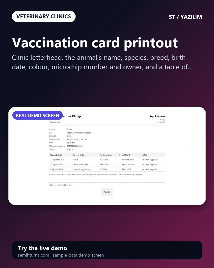 Veterinary Clinic Appointments and Patient Records, Vaccination card printout