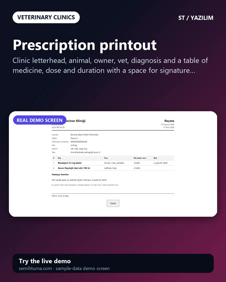Veterinary Clinic Appointments and Patient Records, Prescription printout