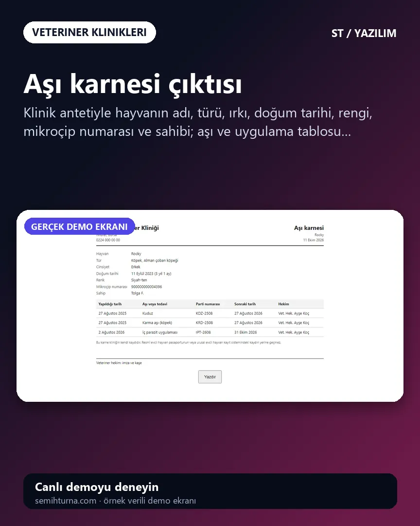 Veteriner Kliniği Randevu ve Hasta Takibi, Aşı karnesi çıktısı