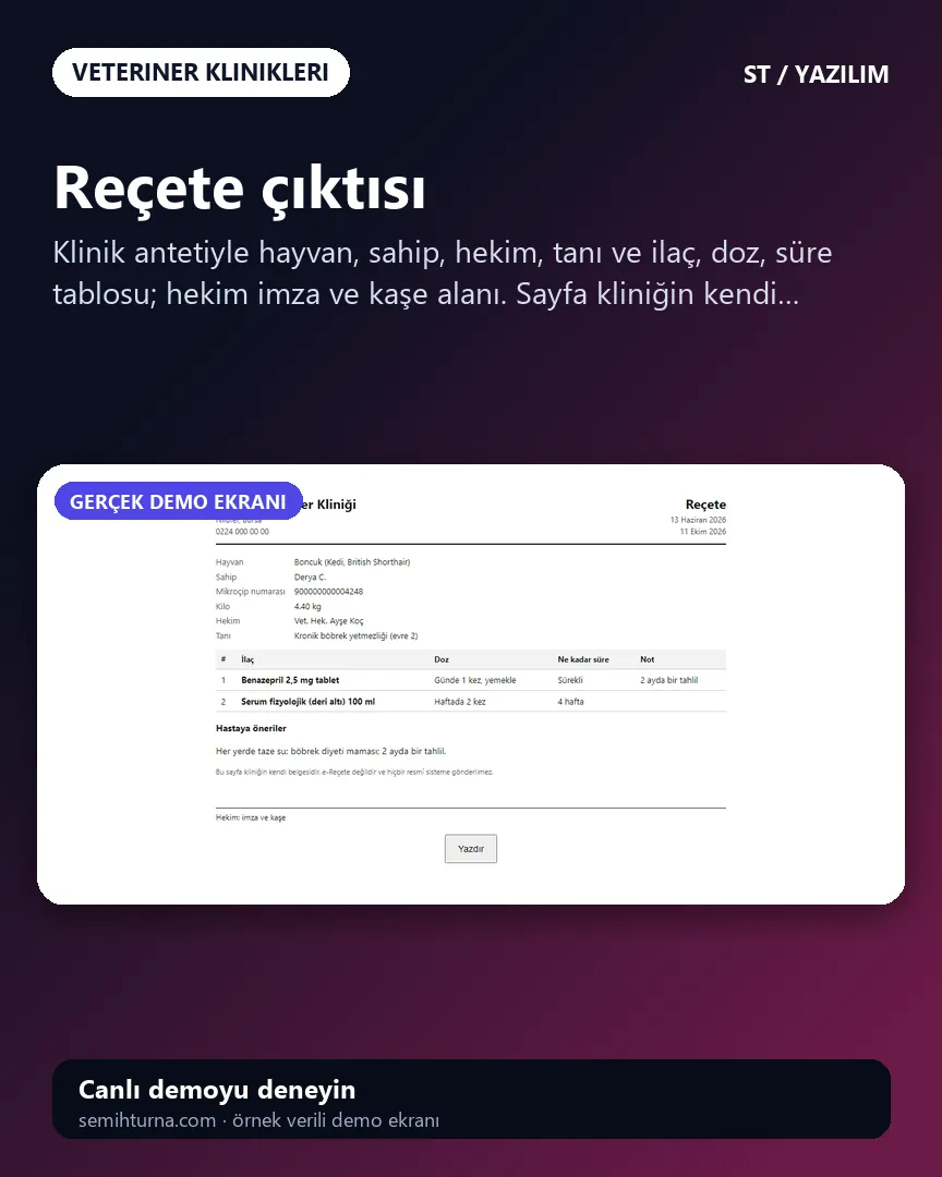 Veteriner Kliniği Randevu ve Hasta Takibi, Reçete çıktısı
