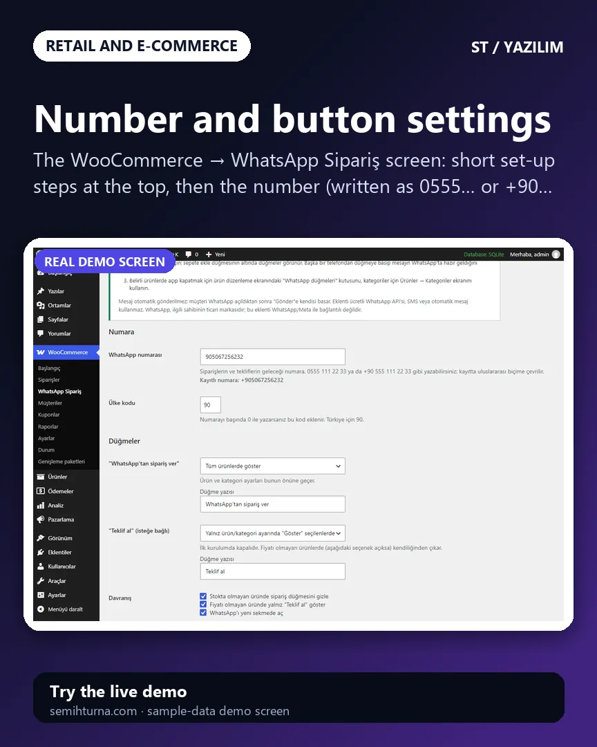 WooCommerce WhatsApp Order and Quote Plugin, Number and button settings