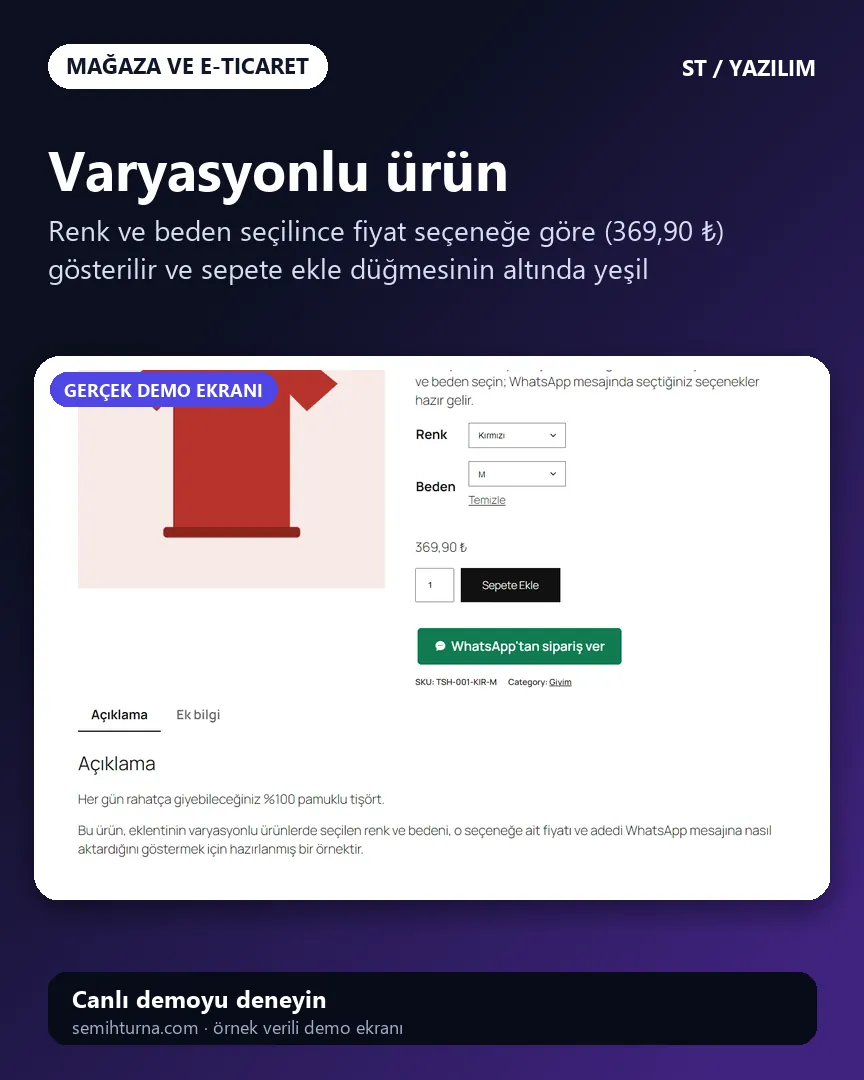 WooCommerce WhatsApp Sipariş ve Teklif Eklentisi, Varyasyonlu ürün