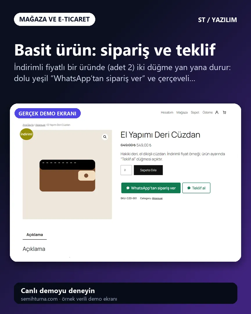 WooCommerce WhatsApp Sipariş ve Teklif Eklentisi, Basit ürün: sipariş ve teklif