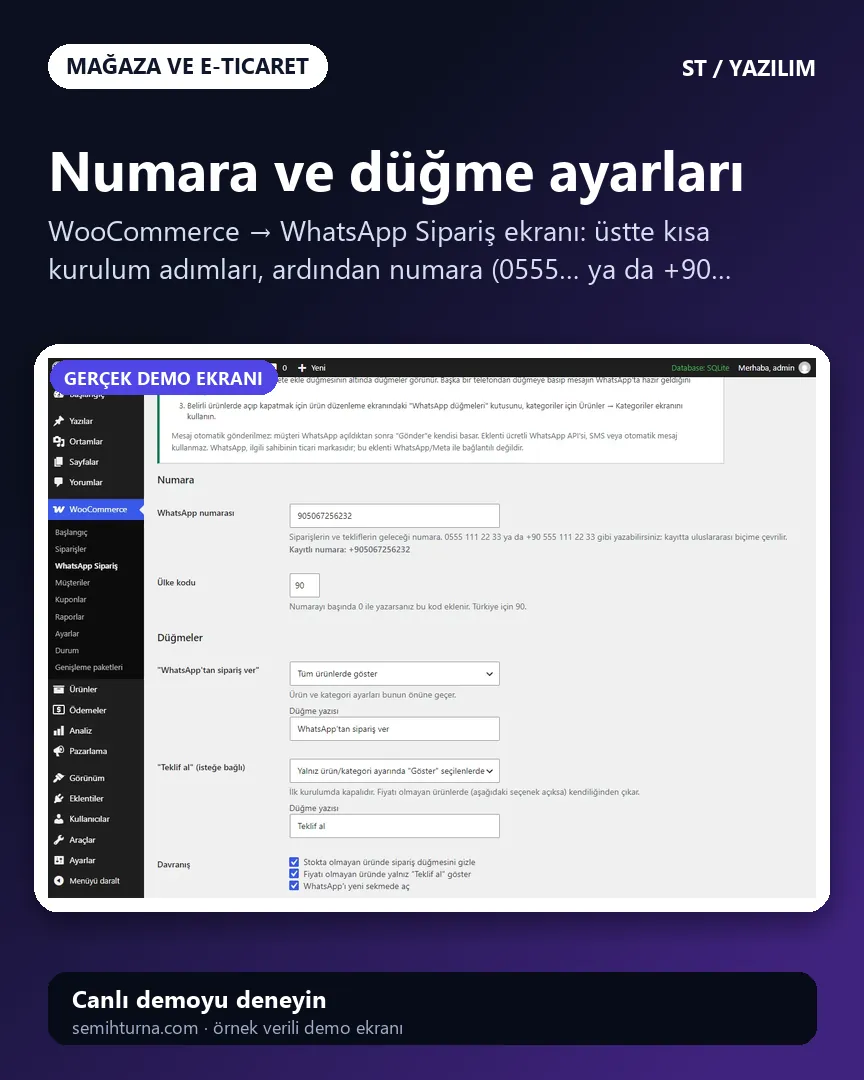 WooCommerce WhatsApp Sipariş ve Teklif Eklentisi, Numara ve düğme ayarları