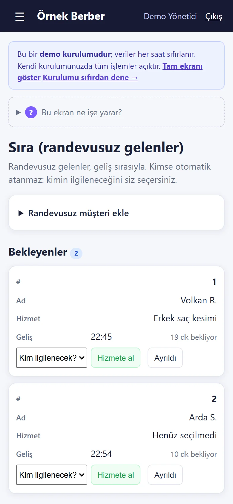 Berber Randevu ve İşletme Takibi: Sıra (randevusuz gelenler), örnek veriler
