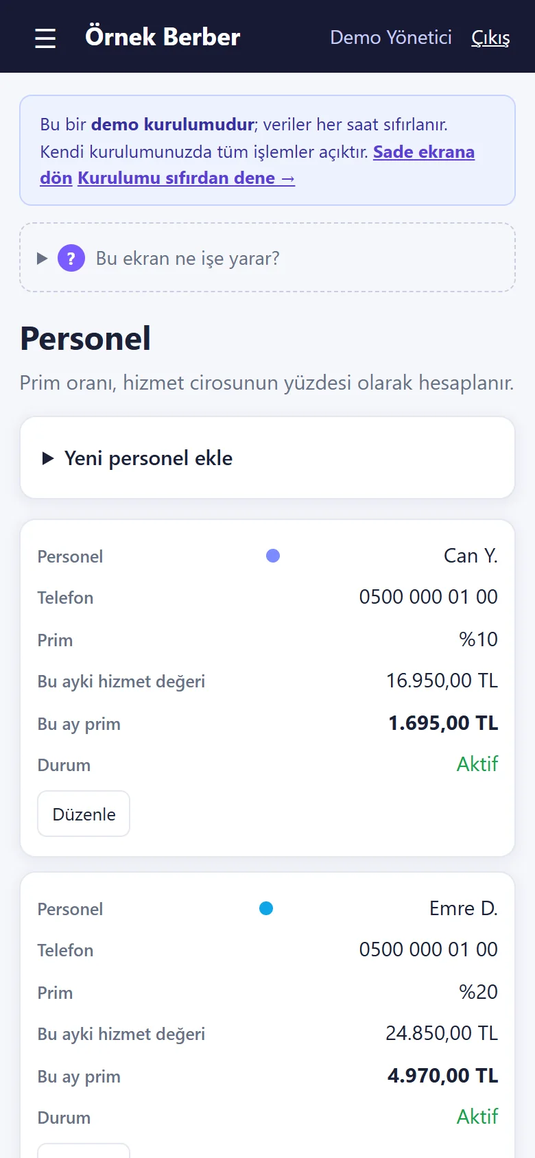 Berber Randevu ve İşletme Takibi: Personel ve prim (Tam ekran), örnek veriler