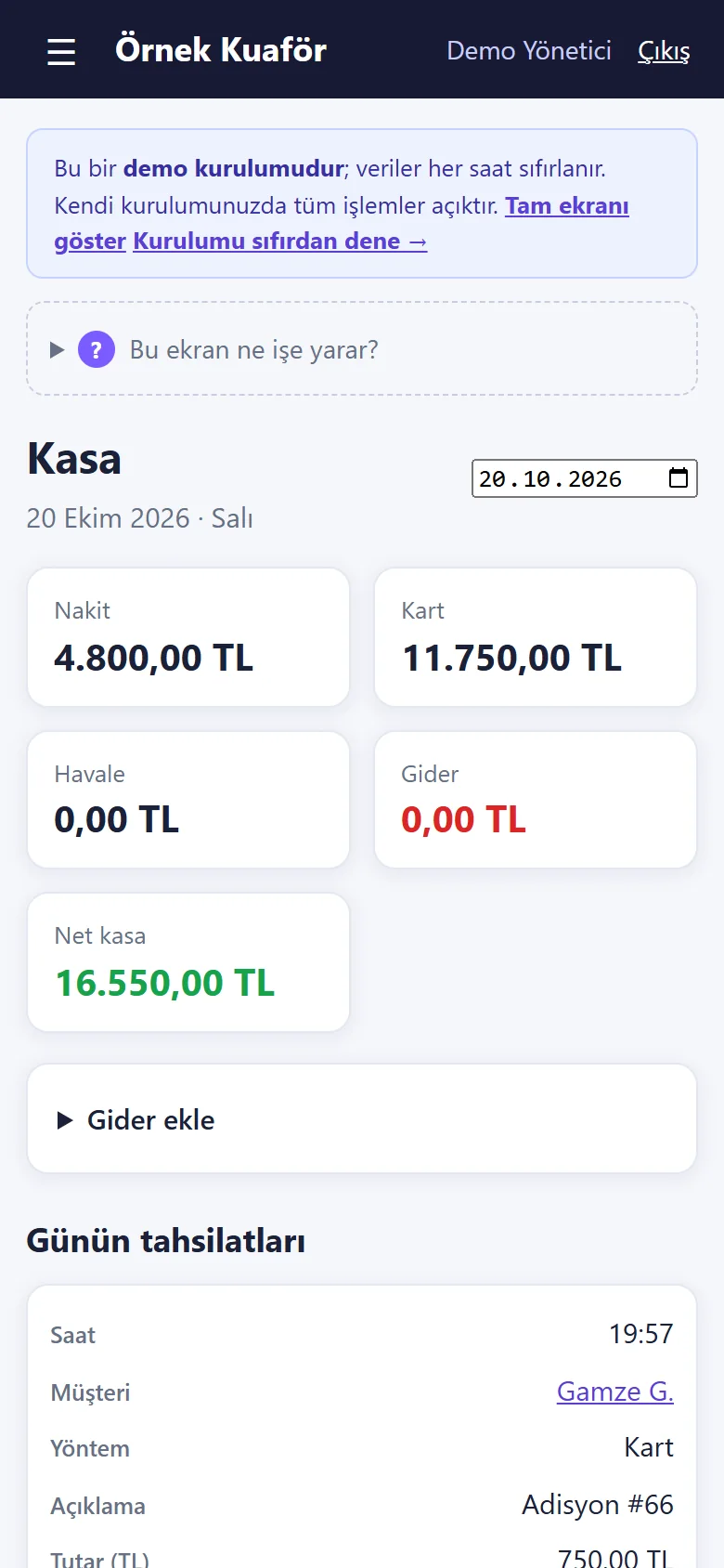 Hair Salon Booking and Business Tracking: Daily till, sample data