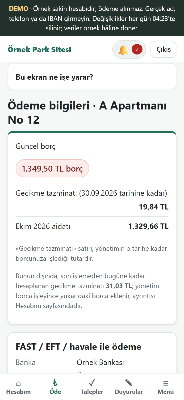 Site ve Apartman Aidat Takibi: Ödeme bilgileri, örnek veriler