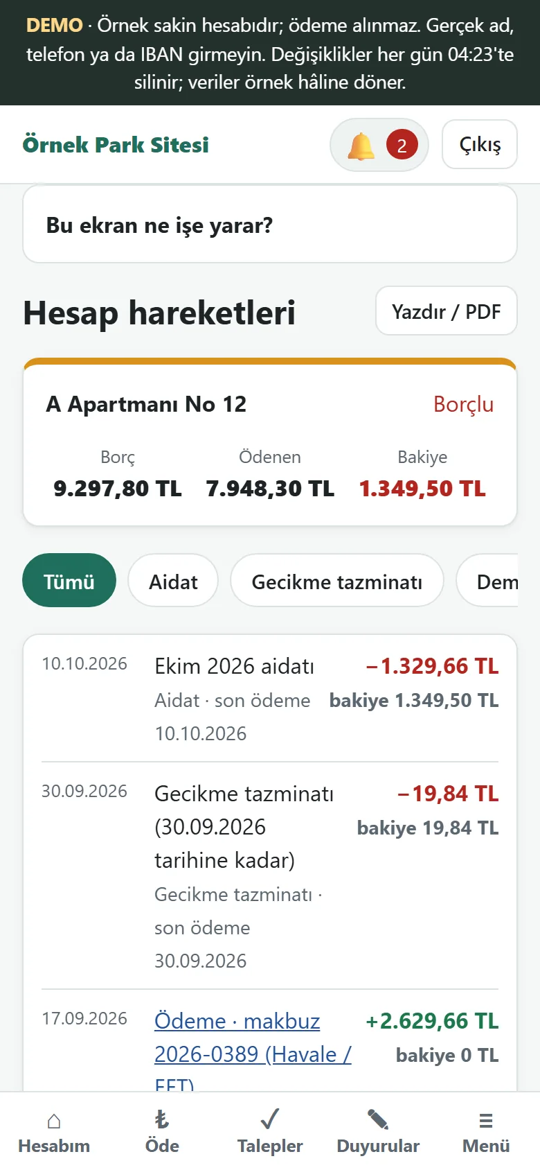 Residential Dues Management: Account movements, sample data