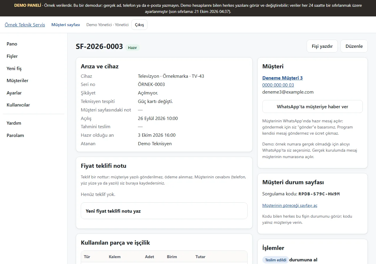Repair Service and Ticket Tracker: Ticket details, sample data